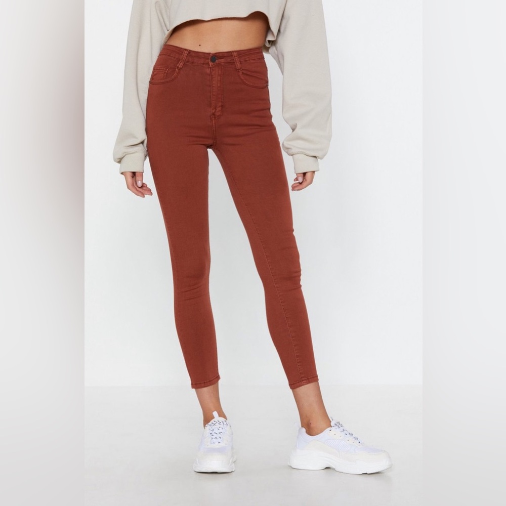 MOMOKROM high waisted skinny jeans in washed rust SIZE 8